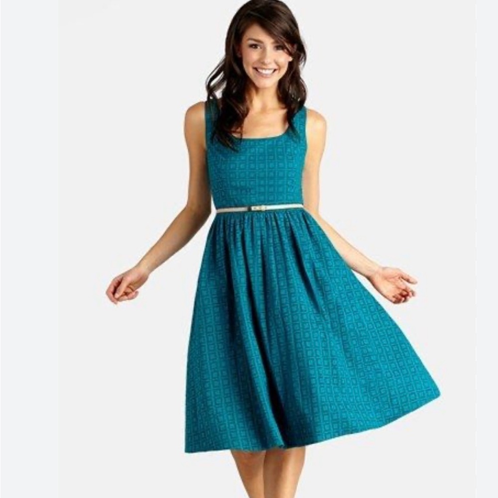 Donna Morgan teal dress with tan belt in size 12.